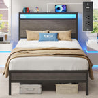 Fluest Queen Bed Frame with Headboard & Footboard, Bed Frame with Built-in Charging Station & LED Light, Storage Shelf, Noise-Free, No Box Spring Needed, Easy Assembly, Classic Black