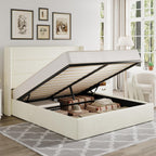 Allewie Queen Size Lift Up Storage Bed, Modern Wingback Headboard, Hydraulic Support, No Box Spring Needed, Light Beige