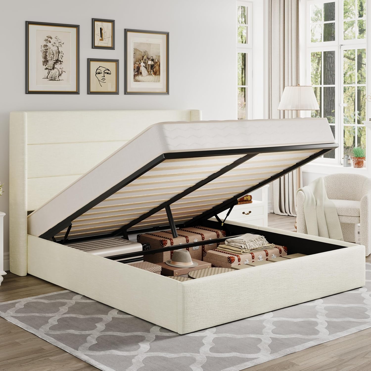 Allewie Queen Size Lift Up Storage Bed, Modern Wingback Headboard, Hydraulic Support, No Box Spring Needed, Light Beige