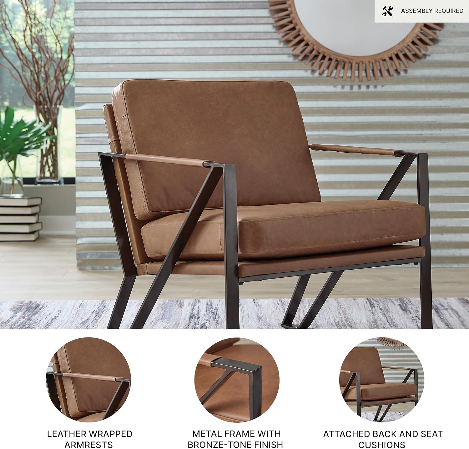 Signature Design by Ashley Garronmont Mid-Century Modern Leather Accent Chair with Metal Frame, Light Brown & Metallic