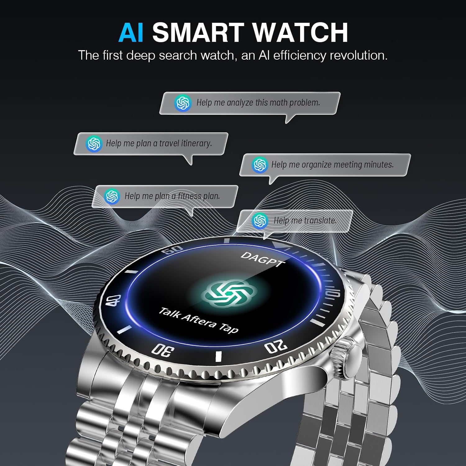 SOUYIE GPT AI Luxury Smart Watch, 24/7 Heart Rate, Blood Oxygen, Blood Pressure, Sleep Monitor, Waterproof Smartwatch, 1.19-inch AMOLED 44mm, 107 Sports Modes, Compatible Android and iOS Silver Black