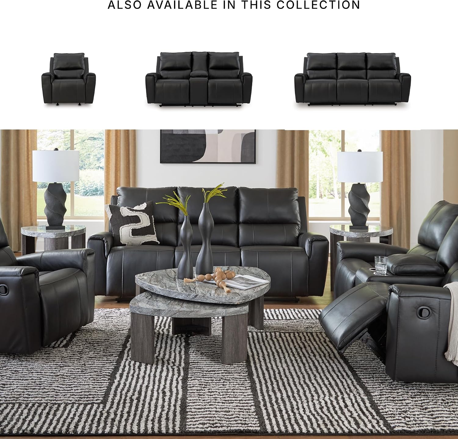 Signature Design by Ashley Glassmere Contemporary Leather Match Reclining Loveseat with Console, 2 Cup Holders and Storage, Black