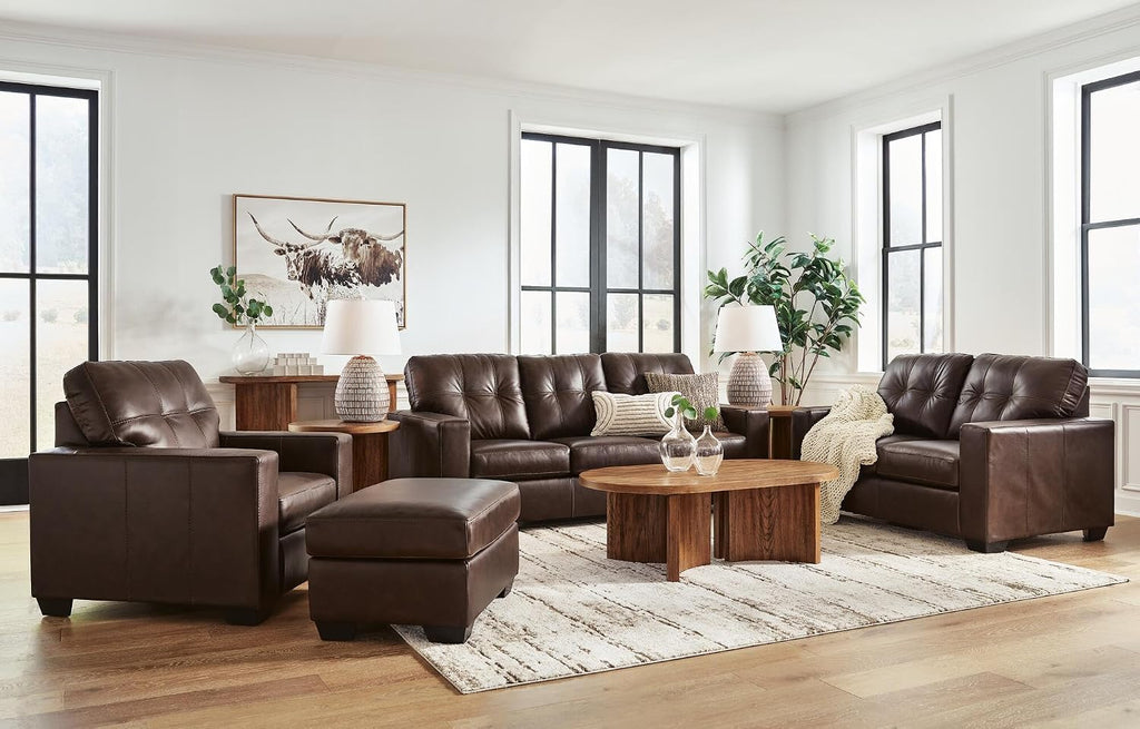 Signature Design by Ashley Santorine Transitional Tufted Leather Match Sofa, Dark Brown