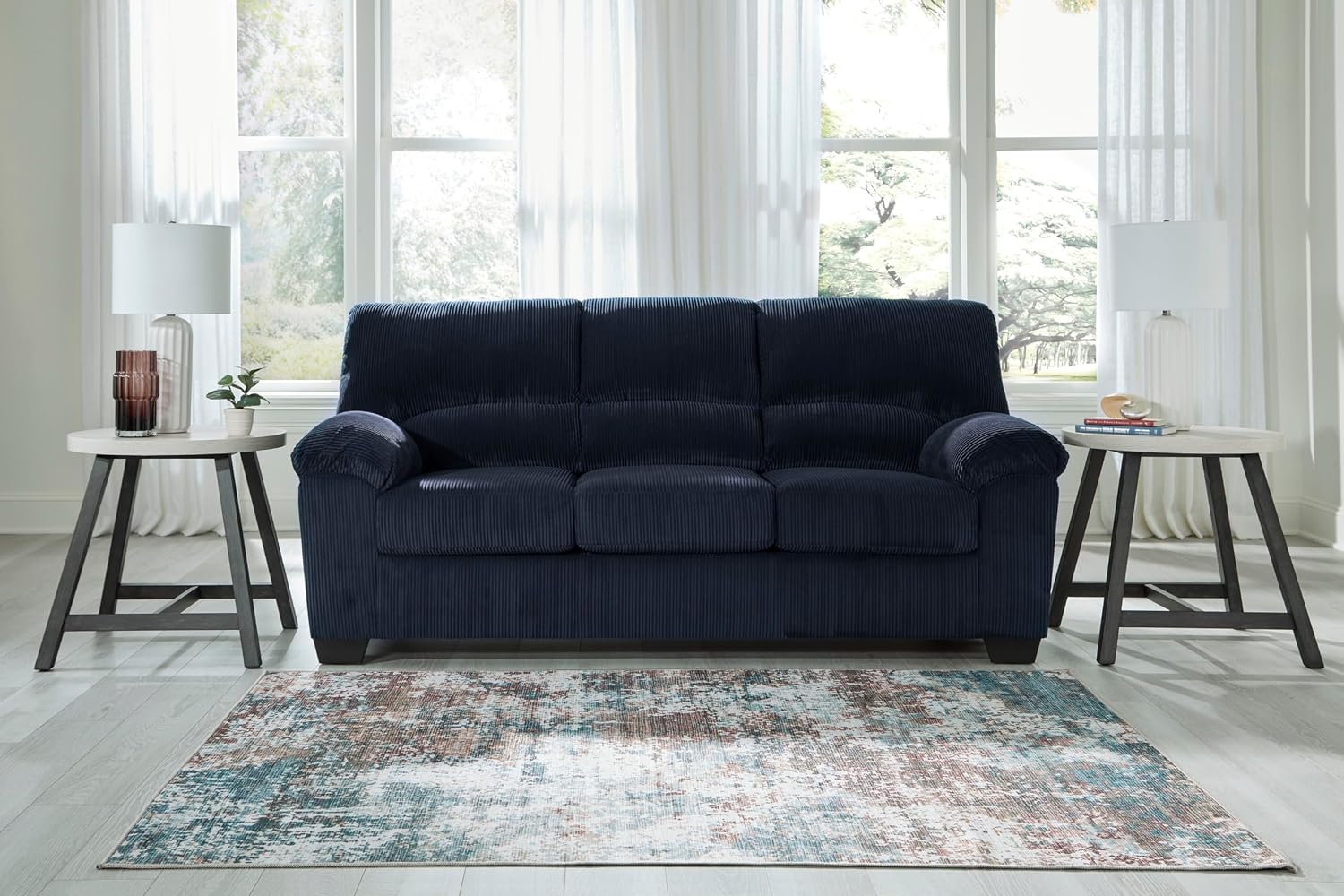Signature Design by Ashley SimpleJoy Sofa, 83" Navy Blue Contemporary 3-Seater Couch, Soft Polyester Corduroy Fabric with Anti-Sag Platform Foundation, Living Room Furniture
