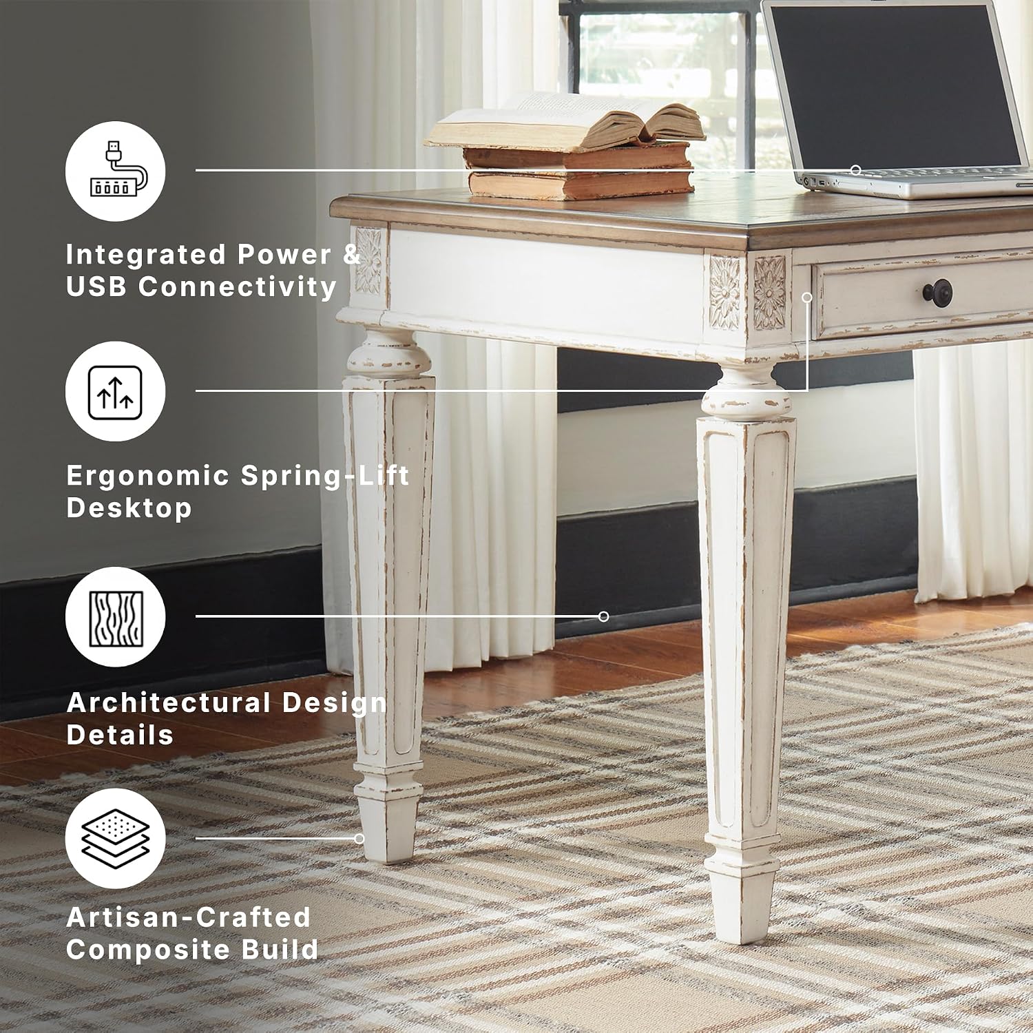 Signature Design by Ashley Realyn Lift Top Desk, Standing Workstation with Built-In USB Outlets, Traditional Cottage Style for Home Offices, 60" W x 28" D x 31" H, White & Light Brown