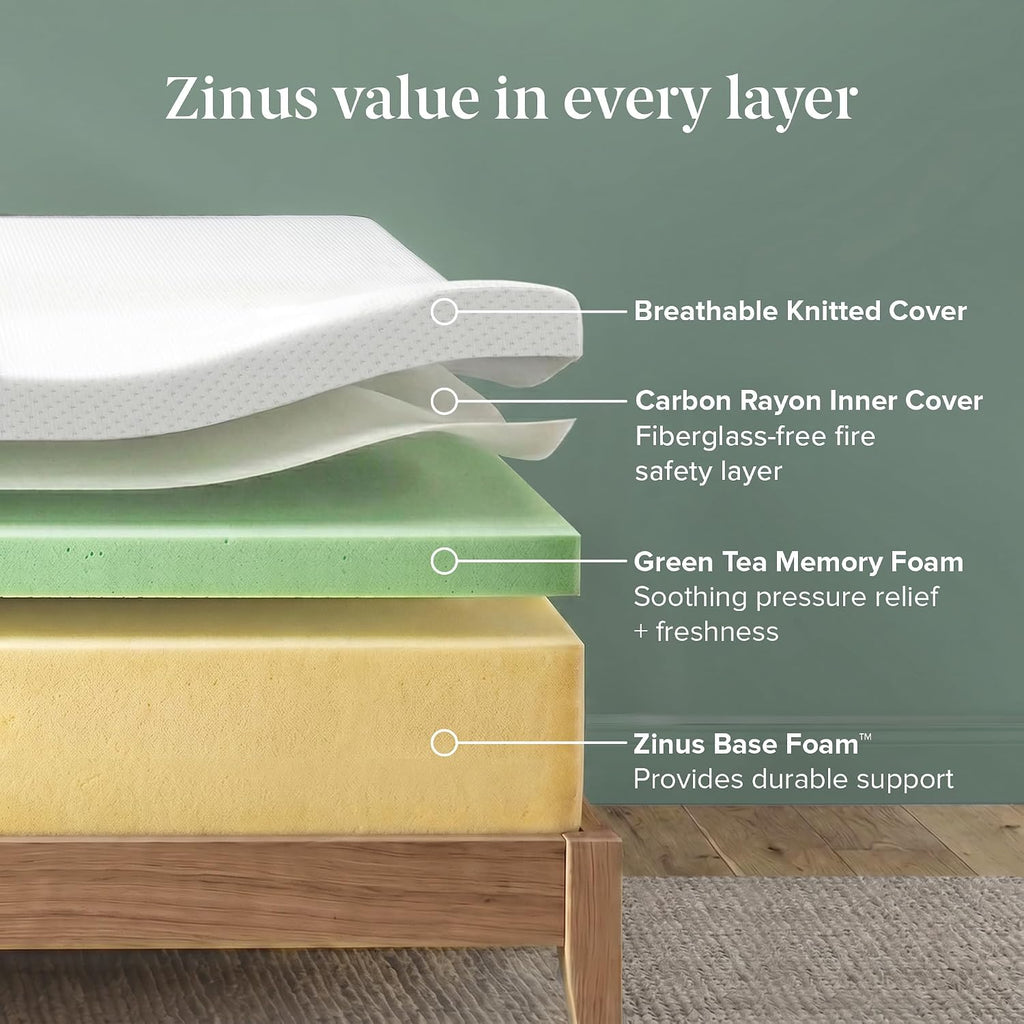 Zinus 10 Inch Green Tea Essential Memory Foam Mattress [New Version], Queen, Fiberglass Free, Medium Feel, Breathable Airflow Memory Foam, Certified Safe Foams & Fabric, Mattress in A Box