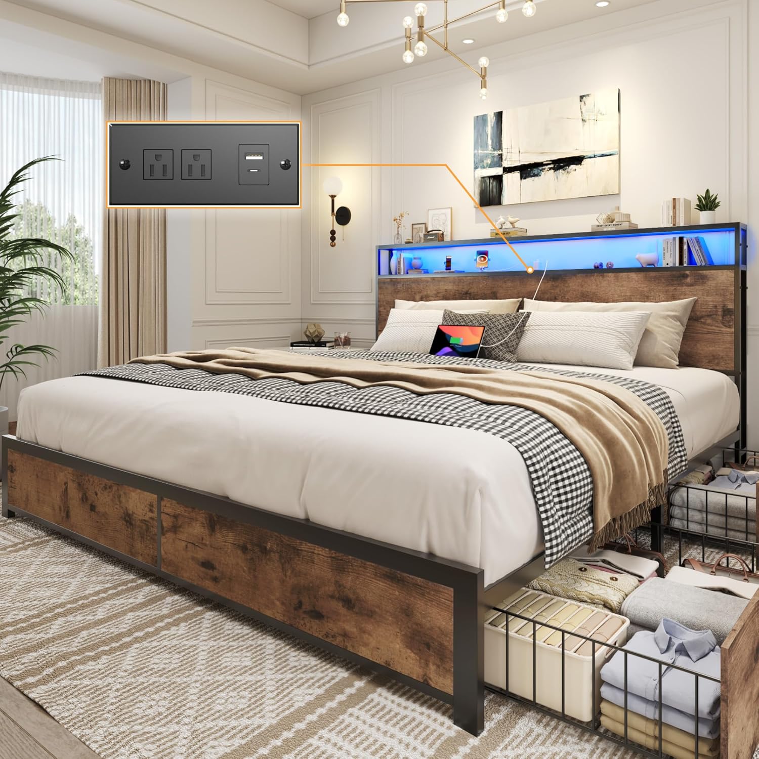 Lifezone Queen Bed Frame with 2-Tier Storage Headboard, Metal Platform Bed Frame with 4 Storage Drawers, Built in Charging Station & LED, Noise-Free/Metal Support/No Box Spring Needed, Vintage Brown