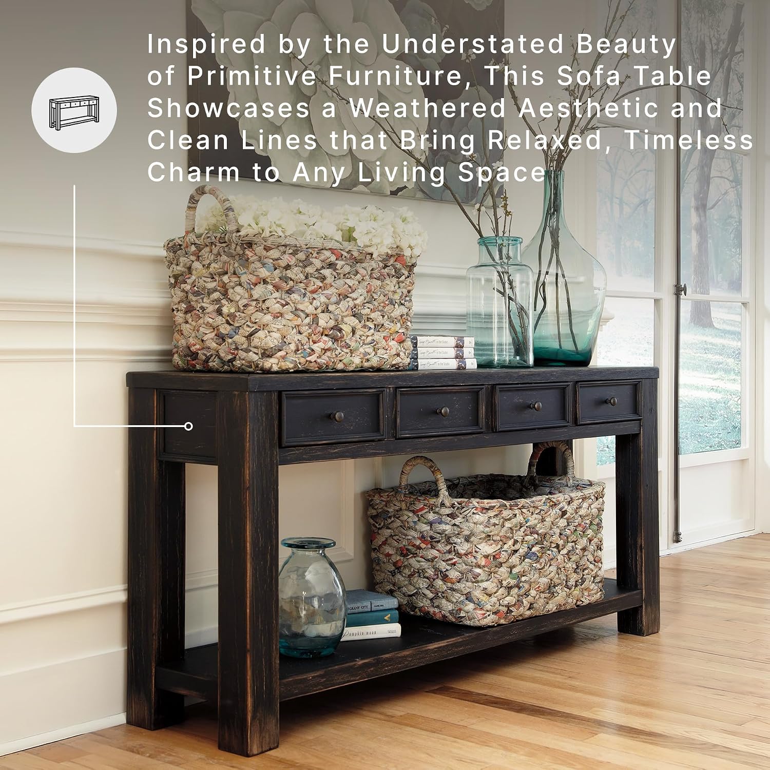 Signature Design by Ashley Gavelston Sofa Table, Couch Table with Drawers & Shelf, Hand-Finished Wood Console for Living Room or Entryway, Weathered Black