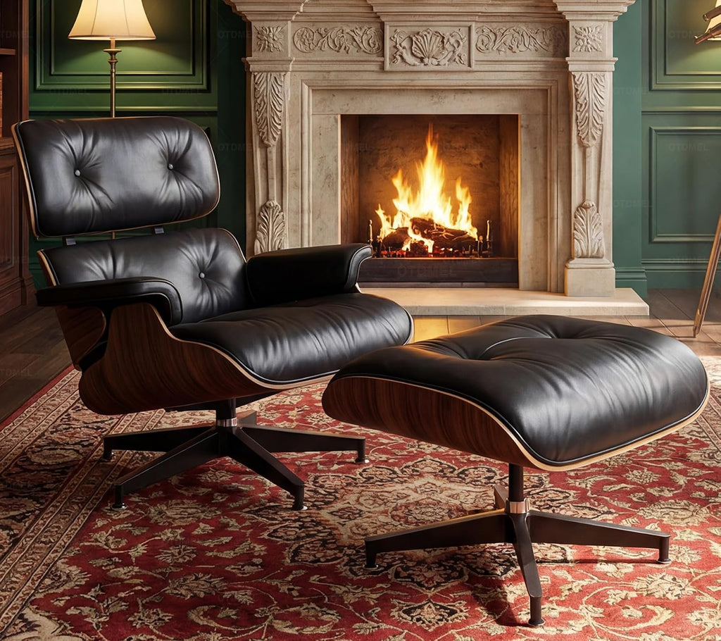 Luxury Top Black Grain Leather Mid Century Chaise Lounge Chair with Ottoman, Premium Handcrafted Walnut Wood, Ergonomic Modern Accent Chair for Living Room Office