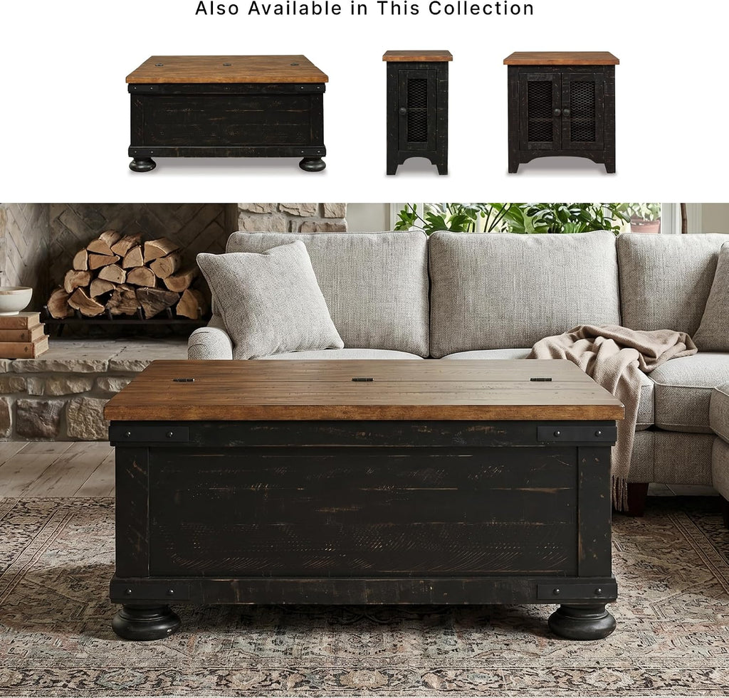 Signature Design by Ashley Valebeck Lift Top Coffee Table, Storage, Split-top Design, Wood, 36" W x 36" D x 18" H, 2-tone Distressed Brown & Black Finish