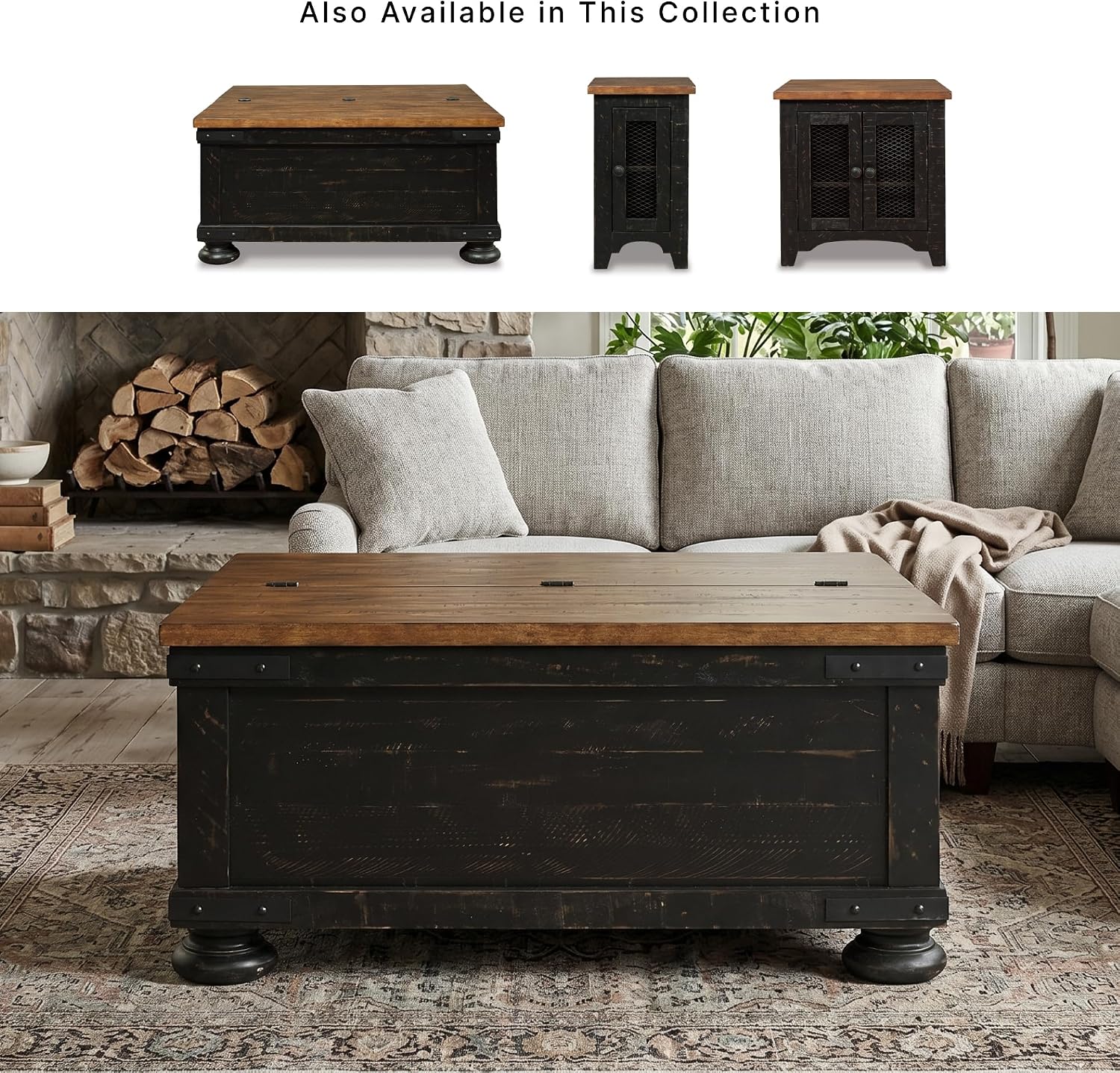 Signature Design by Ashley Valebeck Lift Top Coffee Table, Storage, Split-top Design, Wood, 36" W x 36" D x 18" H, 2-tone Distressed Brown & Black Finish