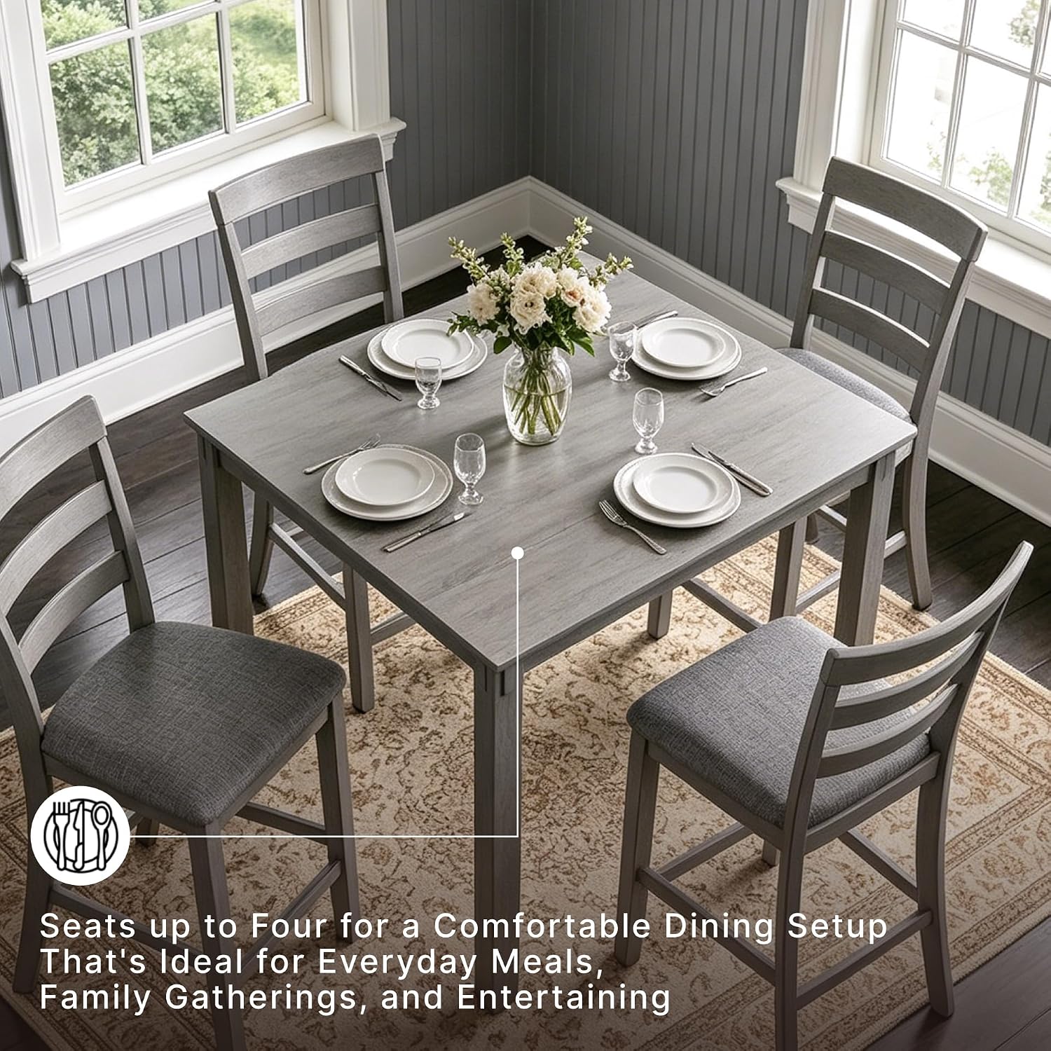Signature Design by Ashley Bridson 5-Piece Counter Height Dining Table Set, Space-Saving Square Design, Solid Wood, Engineered Wood, and Birch Veneer Construction, Gray