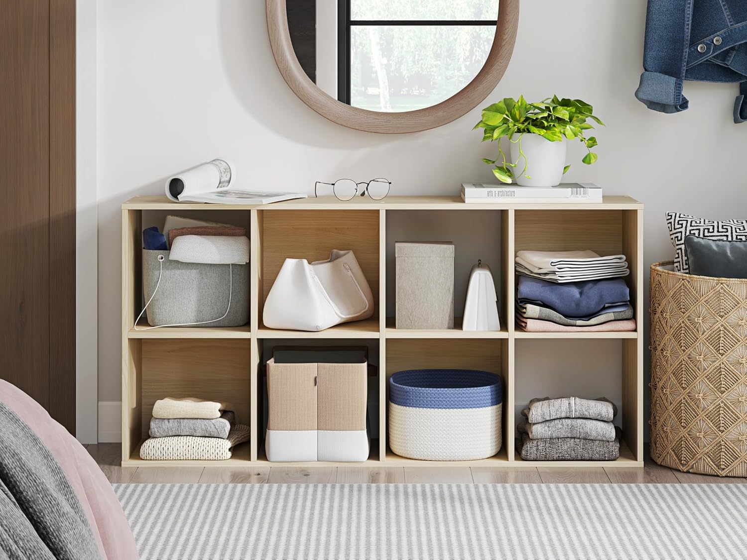 Signature Design by Ashley Piperton 8 Cube Storage Organizer, Natural Finish Over Replicated Ash Wood Grain, Vertical Floor Mount Cubbies for Living Room or Home Office, Light Brown