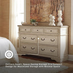 Signature Design by Ashley Realyn French Country 7 Drawer Dresser, Two-Tone Chipped White and Distressed Wood Finish, Smooth-Gliding Bedroom Storage, Ideal for Master Suites, 64" W