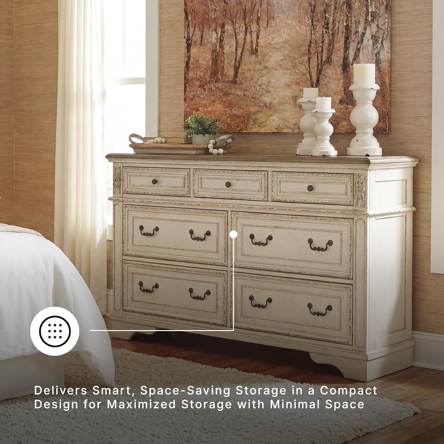 Signature Design by Ashley Realyn French Country 7 Drawer Dresser, Two-Tone Chipped White and Distressed Wood Finish, Smooth-Gliding Bedroom Storage, Ideal for Master Suites, 64" W