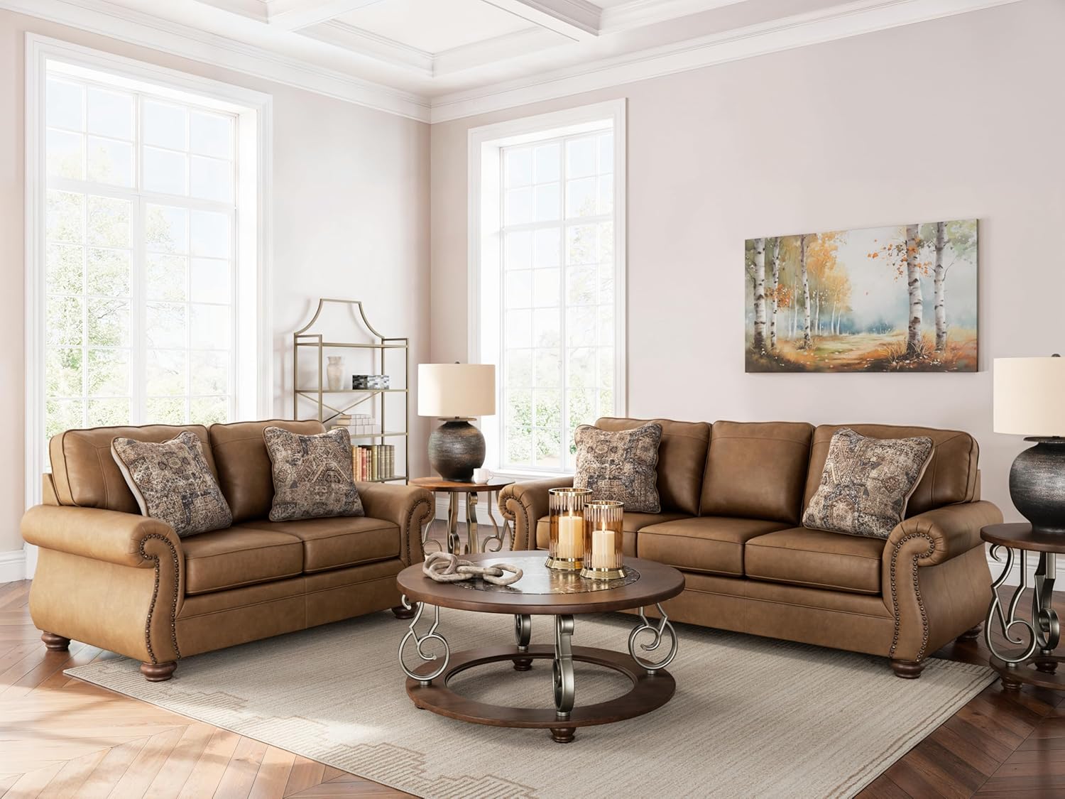Signature Design by Ashley Shadsburne Rustic Faux Leather Sofa with Nailhead Trim and 2 Throw Pillows, Brown