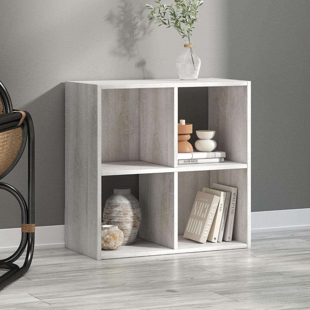 Signature Design by Ashley 4 Cube Storage Organizer, Paxberry Coastal Chic Bookshelf, Engineered Wood Shelving for Bedroom or Living Room, Whitewash, 24" W x 12" D x 24" H