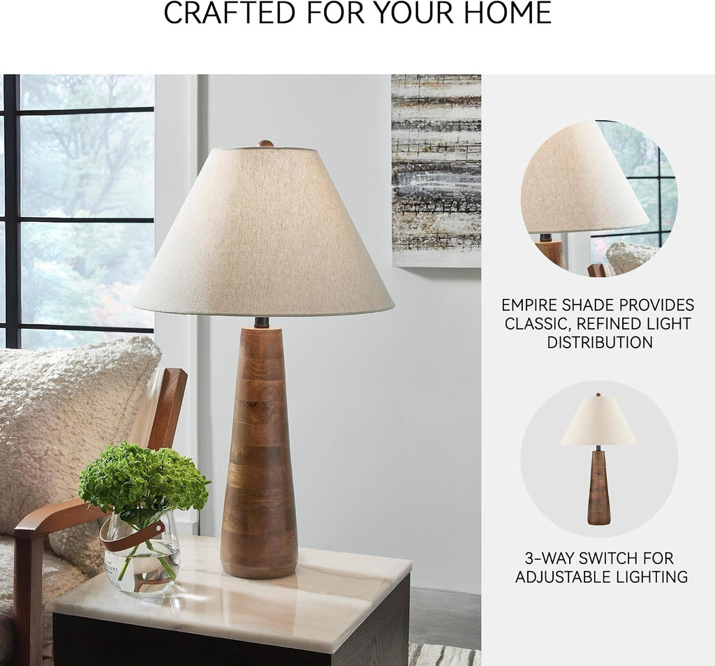 Signature Design by Ashley Danset Wood Table Lamp, 30 Inch Tall Living Room Light with Empire Hardback Fabric Shade, Contemporary Bedside Lighting, Brown
