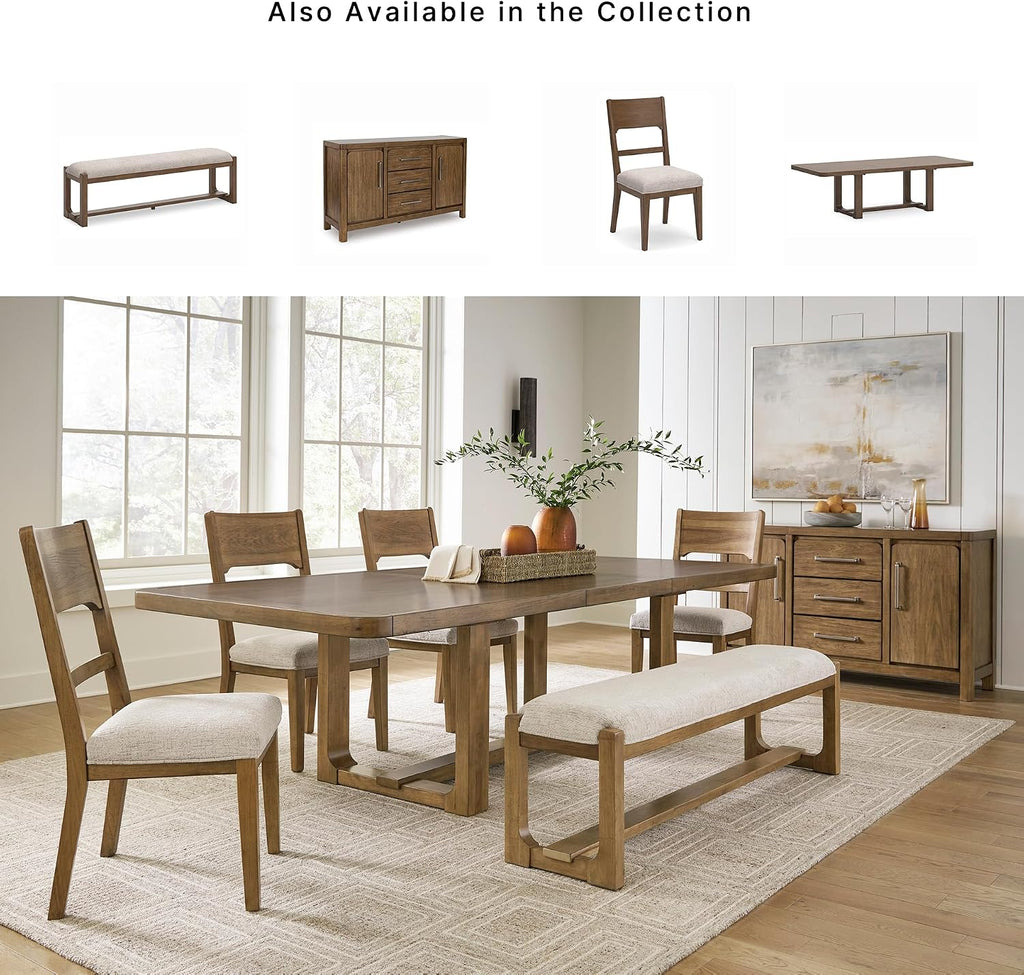 Signature Design by Ashley Cabalynn Dining Bench, Upholstered Farmhouse Style, Hardwood Solids and MDF Substrates Frame, Ideal for End of Bed or Entryway, 63.5" W, Oatmeal and Light Brown