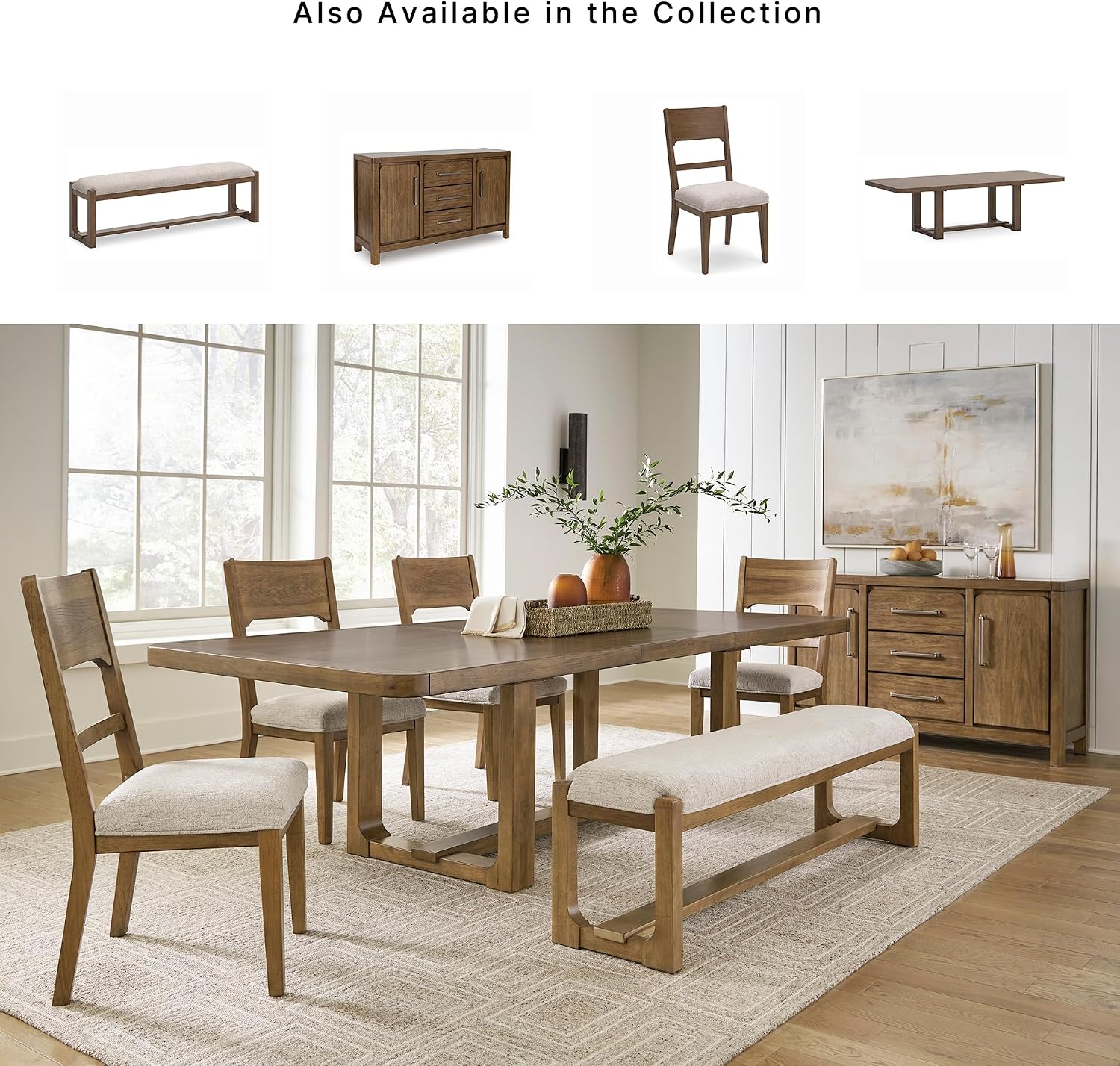 Signature Design by Ashley Cabalynn Dining Bench, Upholstered Farmhouse Style, Hardwood Solids and MDF Substrates Frame, Ideal for End of Bed or Entryway, 63.5" W, Oatmeal and Light Brown
