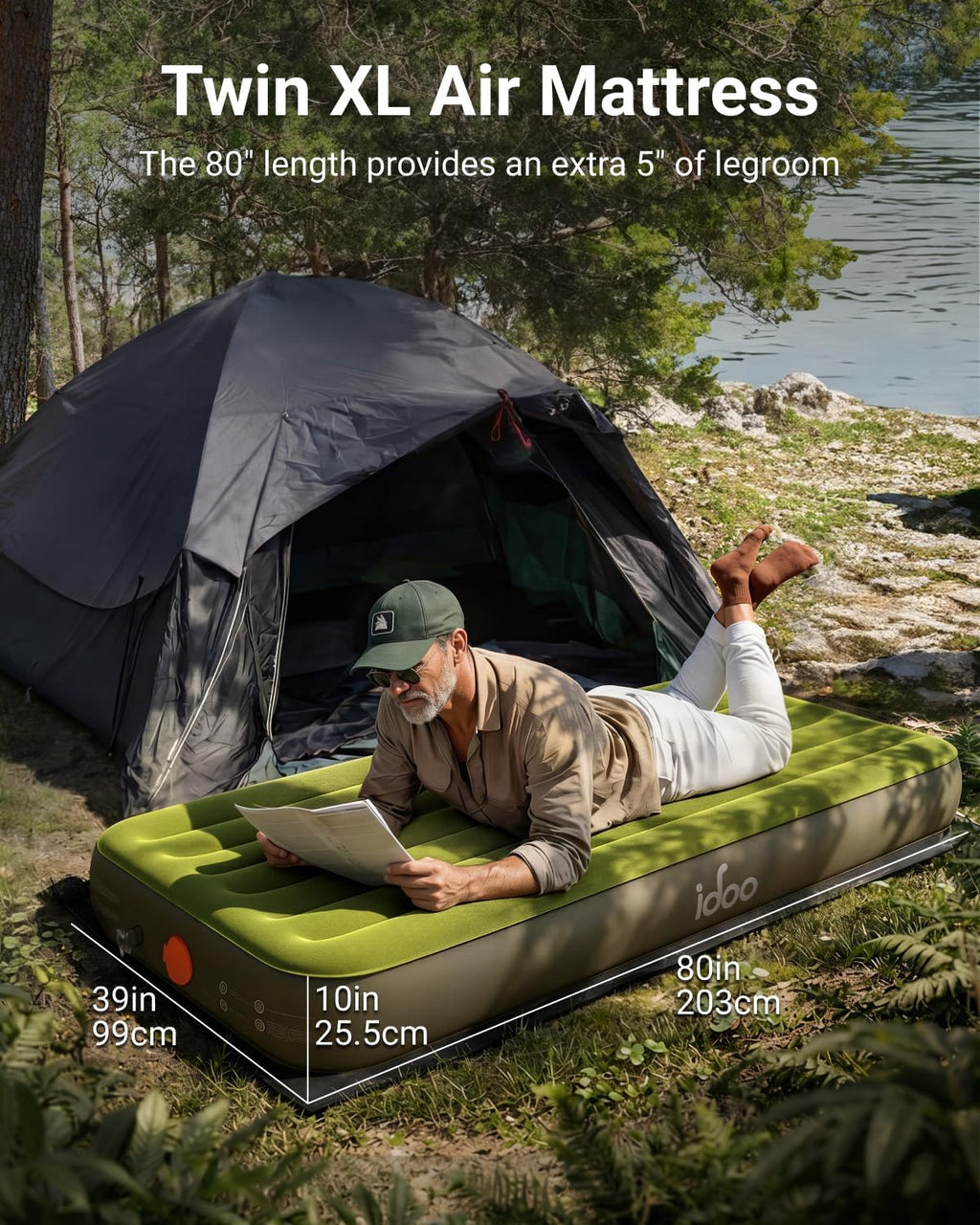 iDOO Portable Camping Essentials Mattress, 10" Twin XL Air Mattress with Cordless Rechargeable Pump, 2-in-1 Fast Inflation, Built-in LED Light, USB Charging, Retractable Camping Cot Sleeping Pad