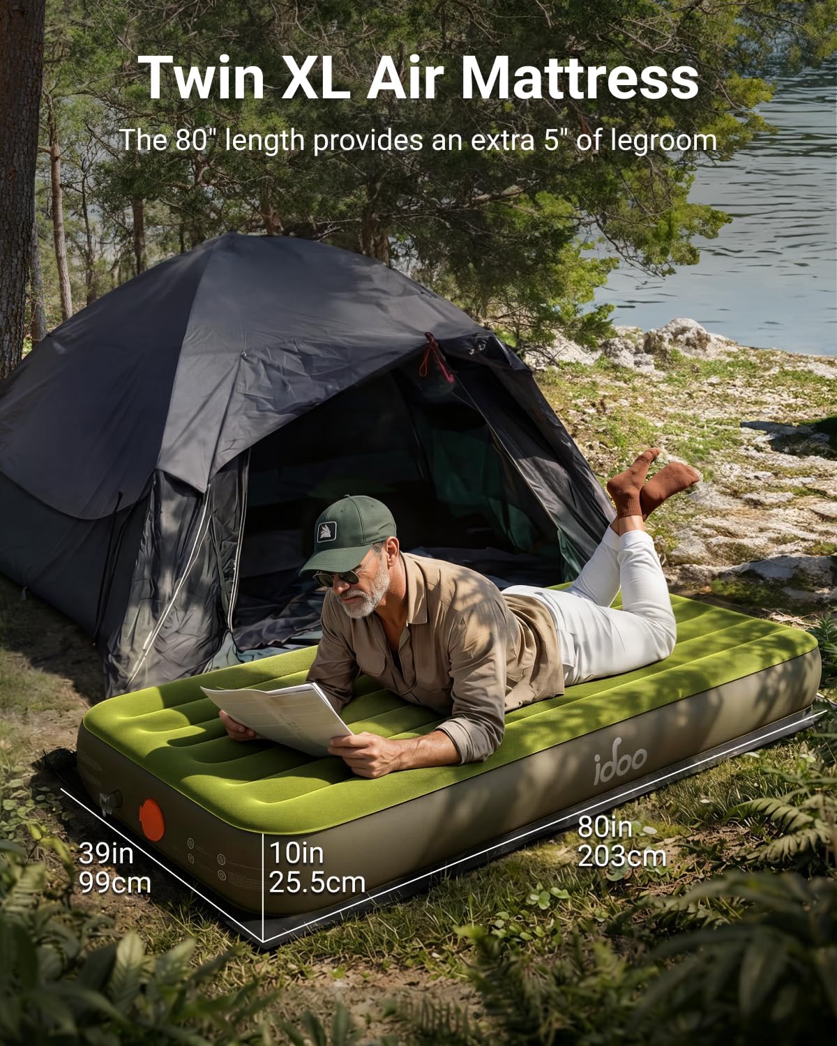 iDOO Portable Camping Essentials Mattress, 10" Twin XL Air Mattress with Cordless Rechargeable Pump, 2-in-1 Fast Inflation, Built-in LED Light, USB Charging, Retractable Camping Cot Sleeping Pad