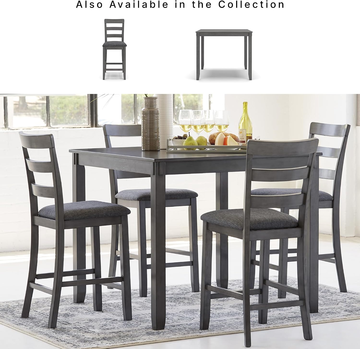 Signature Design by Ashley Bridson 5-Piece Counter Height Dining Table Set, Space-Saving Square Design, Solid Wood, Engineered Wood, and Birch Veneer Construction, Gray