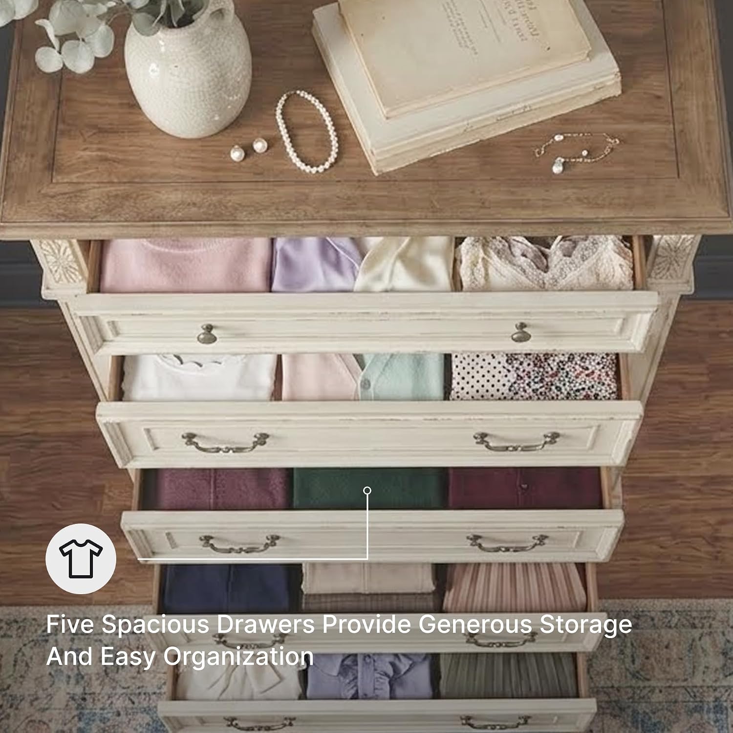 Signature Design by Ashley Realyn French Country 5 Drawer Chest, Tipover Restraint Device, 2-tone Finish, Wood, 40.13" W x 18.13" D x 58.13" H, Chipped White