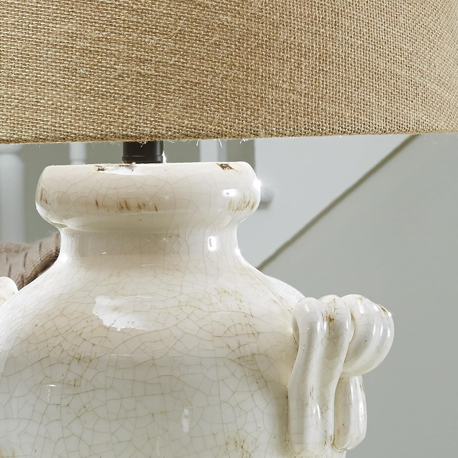 Signature Design by Ashley Emelda Casual Farmhouse Ceramic Table Lamp with Fabric Modified Drum Shade and 3-Way Switch, 27.25', Cream Glaze Crackle Finish