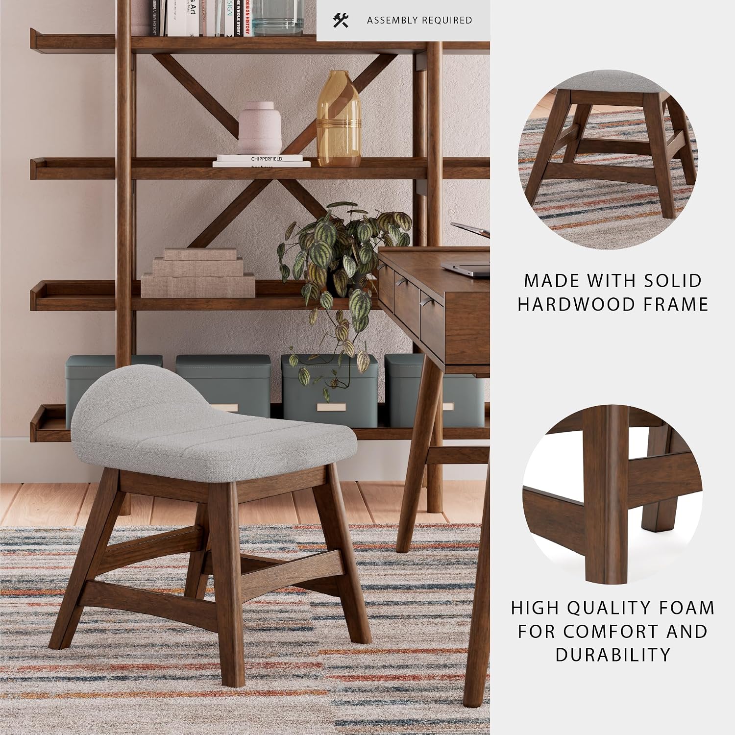 Signature Design by Ashley Lyncott Casual Upholstered Armless Home Office Desk Chair with Backless Design, Light Gray & Light Brown