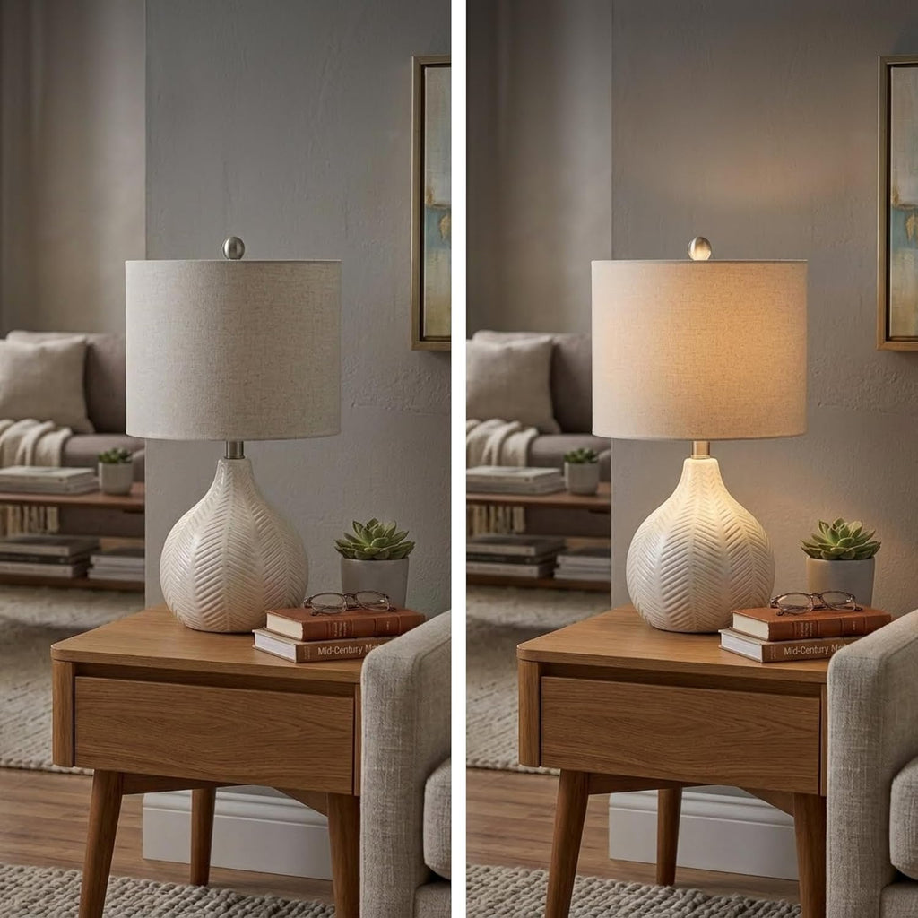 Signature Design by Ashley Rainermen Casual Ceramic Table Lamp, Transparent White Glaze Finish, Drum Hardback Fabric Shade, 11" W x 11" D x 21" H, Off White
