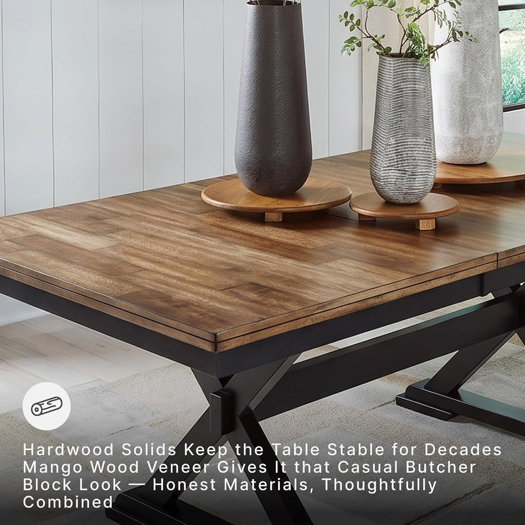 Signature Design by Ashley Wildenauer Dining Extension Table, 18" Self-Storing Butterfly Leaf, Hardwood Solids, Mango Veneer & MDF Substrate, Seats 6 to 8 for Kitchens, Black & Dark Brown, 78"