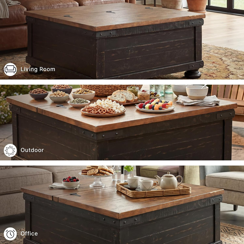 Signature Design by Ashley Valebeck Lift Top Coffee Table, Storage, Split-top Design, Wood, 36" W x 36" D x 18" H, 2-tone Distressed Brown & Black Finish