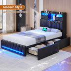 DICTAC Twin Bed Frames with Storage Headboard and 2 Large Drawers, Gaming Bed with RGB Lights and Charging Station, Leather Upholstered Platform Bed, Esports-Style Bed, No Box Spring Needed, Black