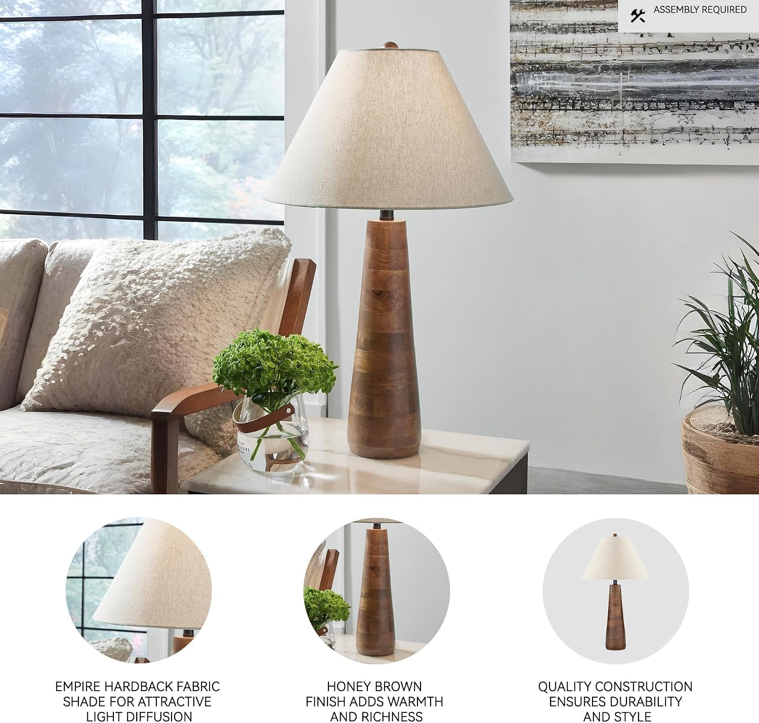 Signature Design by Ashley Danset Wood Table Lamp, 30 Inch Tall Living Room Light with Empire Hardback Fabric Shade, Contemporary Bedside Lighting, Brown