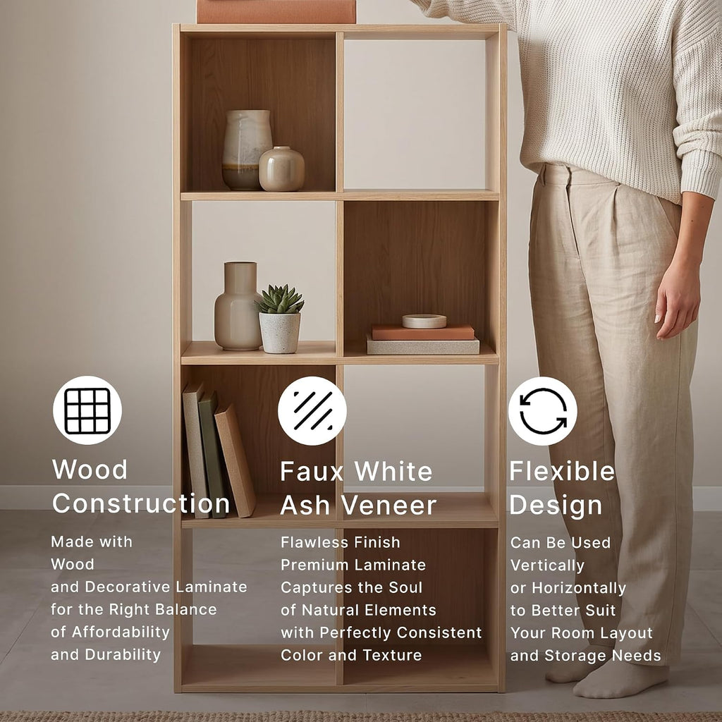 Signature Design by Ashley Piperton 8 Cube Storage Organizer, Natural Finish Over Replicated Ash Wood Grain, Vertical Floor Mount Cubbies for Living Room or Home Office, Light Brown