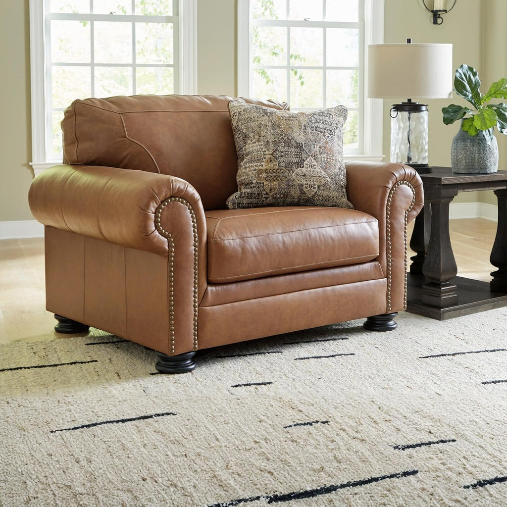 Signature Design by Ashley Carianna Oversized Chair, Fully Assembled Extra Wide Seating, Caramel Combination of Leather and Faux Leather, Traditional Accent Armchair, 54" W
