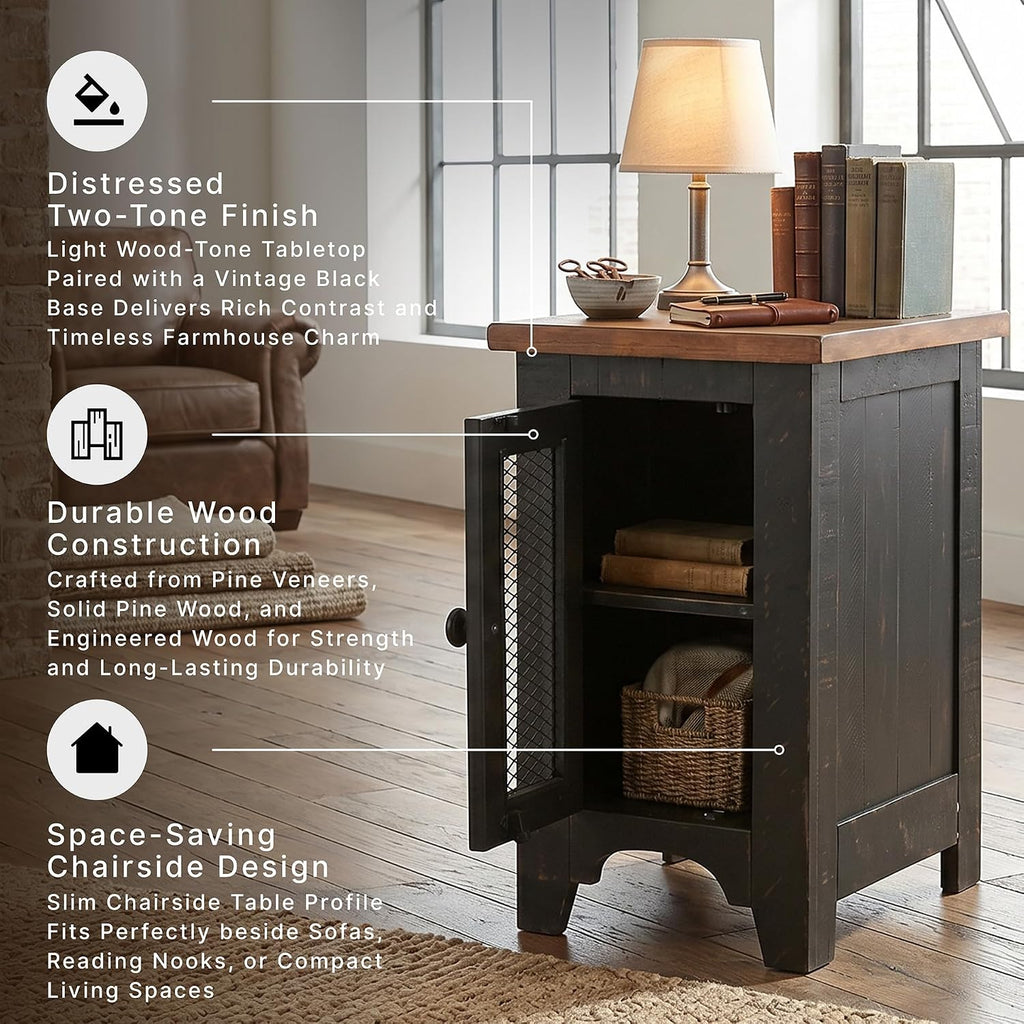 Signature Design by Ashley Valebeck Chairside End Table, Small Side Table with Storage Cabinet for Living Room Decor, Pine Veneers, Pine Wood, and Engineered Wood, Distressed Black/Brown
