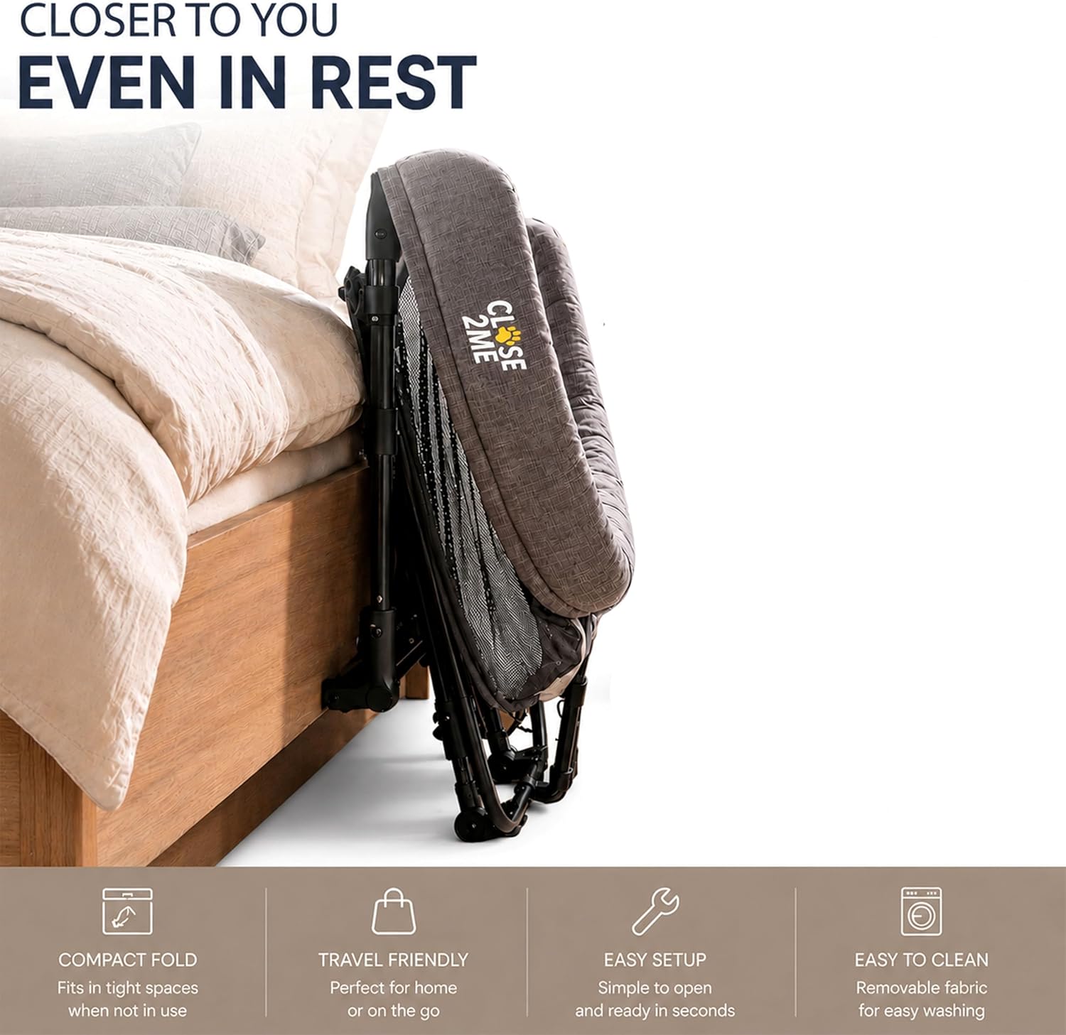 Englacha Close2Me Elevated Pet Bed - Bedside Mattress for Cats and Small Dogs - Comfortable, Cozy Design with Tool-Free Installation - Foldable for Easy Transport, Carry Bag Included