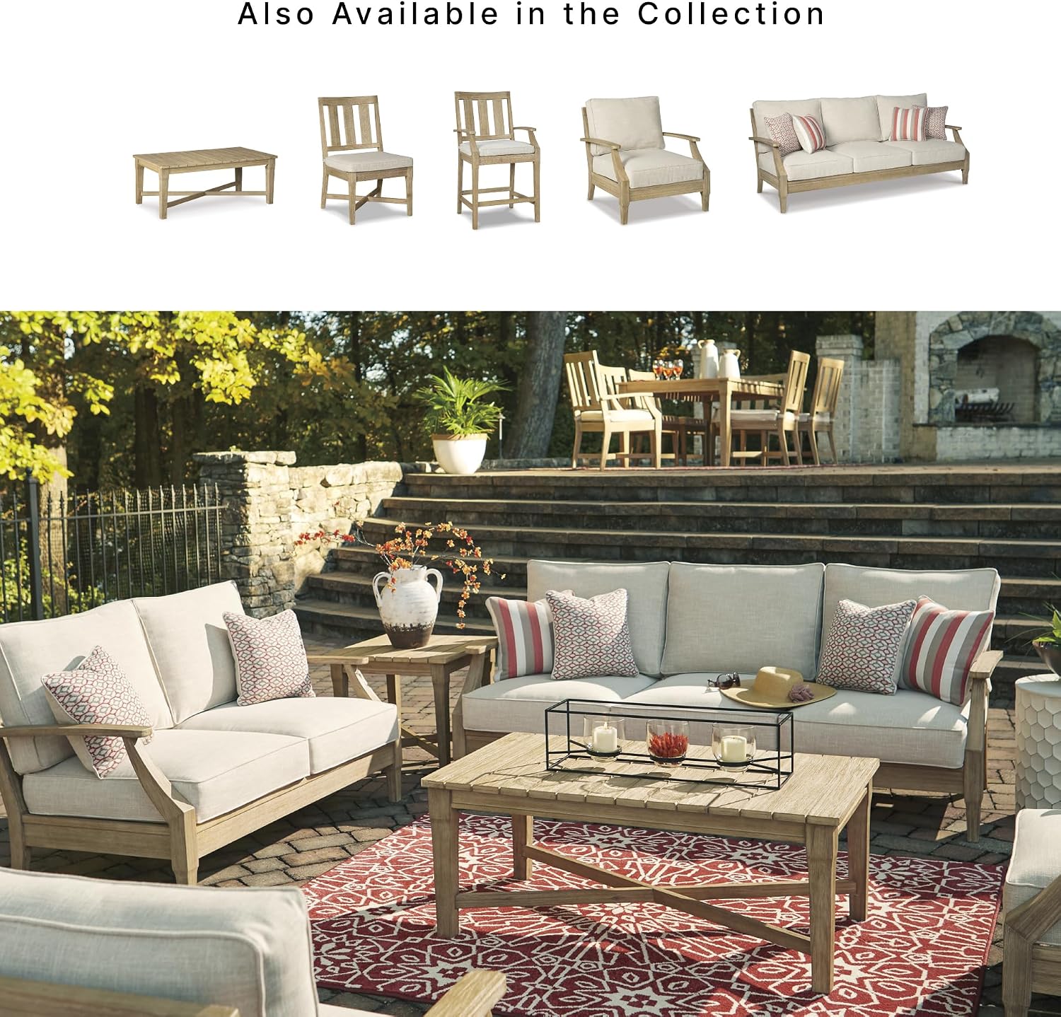 Signature Design by Ashley Clare View Eucalyptus Wood Outdoor Loveseat, Patio Couch with Nuvella Cushions, 56" W x 35" D x 32" H, Beige