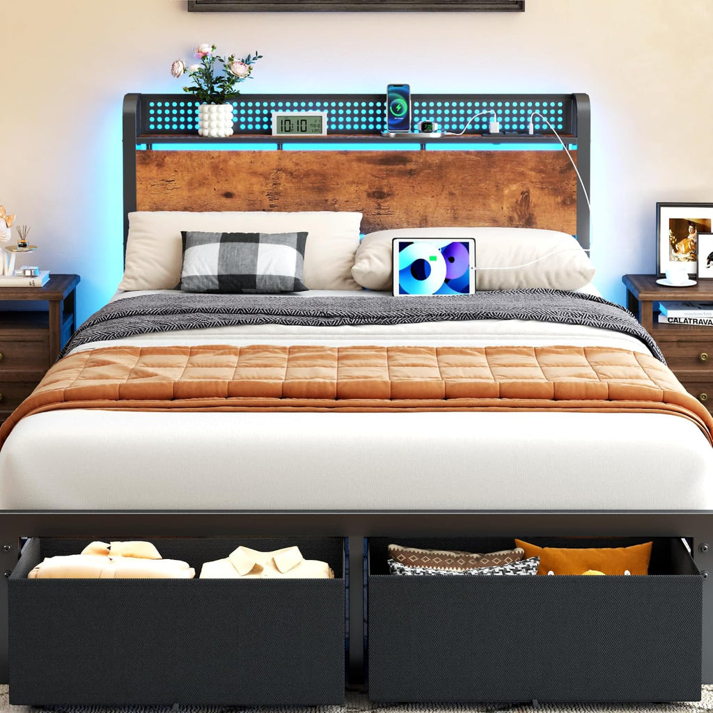 Furnulem Queen Size Bed Frame with Headboard Storage, Platform Bed Frame Queen Size with 2 Drawers, Charging Station and LED Lights, No Box Spring Needed, Noise Free, Easy Assembly (1200 lbs Capacity)