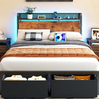 Furnulem Queen Size Bed Frame with Headboard Storage, Platform Bed Frame Queen Size with 2 Drawers, Charging Station and LED Lights, No Box Spring Needed, Noise Free, Easy Assembly (1200 lbs Capacity)