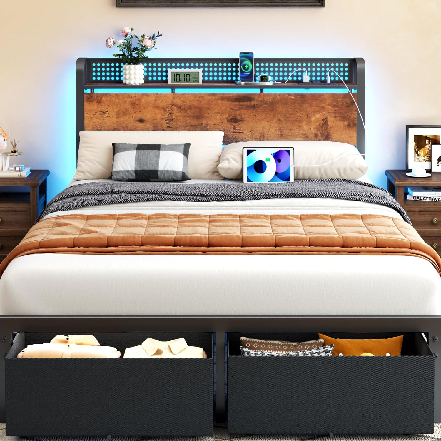 Furnulem Queen Size Bed Frame with Headboard Storage, Platform Bed Frame Queen Size with 2 Drawers, Charging Station and LED Lights, No Box Spring Needed, Noise Free, Easy Assembly (1200 lbs Capacity)