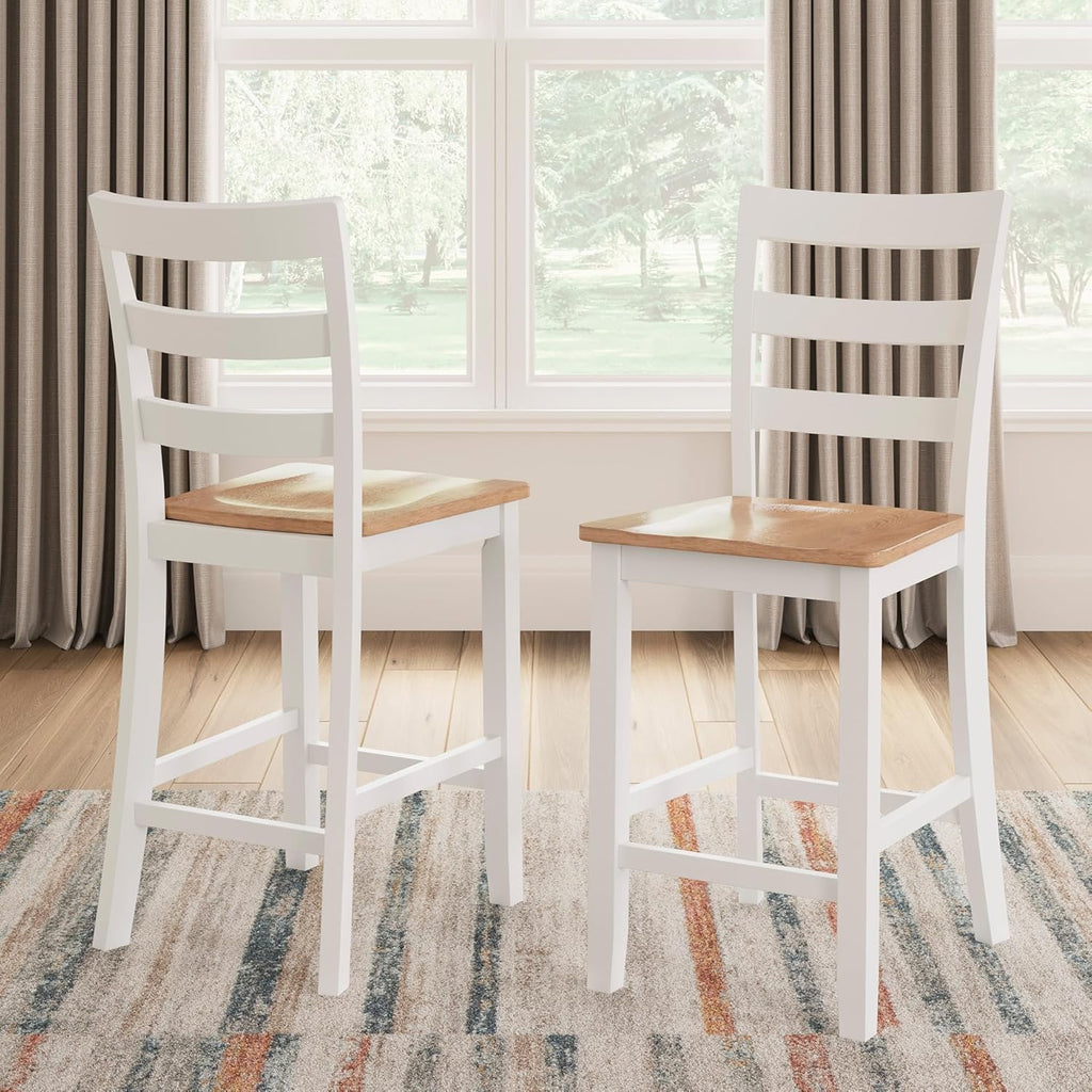 Signature Design by Ashley Gesthaven Counter Height Bar Stool, Set of 2, 24.25" Stools with Ladder Back, Solid Wood Frame, Contoured Mango Wood Veneer Seat, Kitchen Island Dining, Natural and White