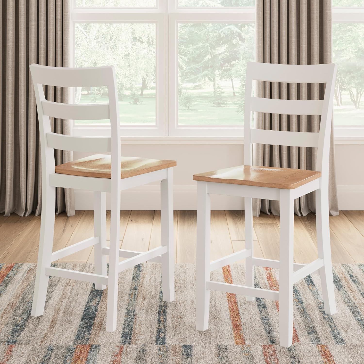 Signature Design by Ashley Gesthaven Counter Height Bar Stool, Set of 2, 24.25" Stools with Ladder Back, Solid Wood Frame, Contoured Mango Wood Veneer Seat, Kitchen Island Dining, Natural and White