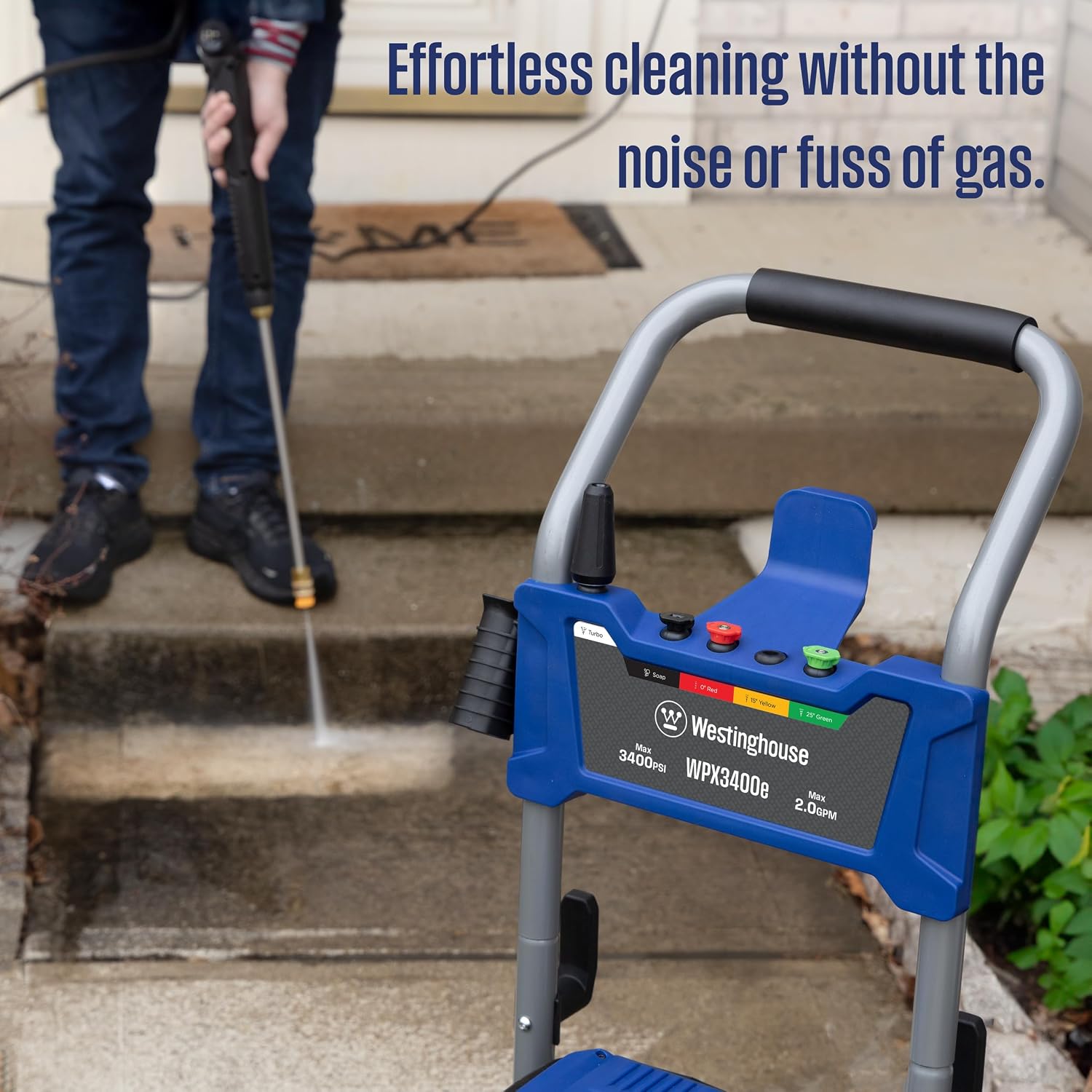 Westinghouse WPX3400e Electric Pressure Washer, 3400 Max PSI and 2.0 Max GPM, Brushless Motor, Onboard Soap Tank, Spray Gun and Wand, 5 Nozzle Set, for Cars/Fences/Driveways/Homes/Patios/Furniture