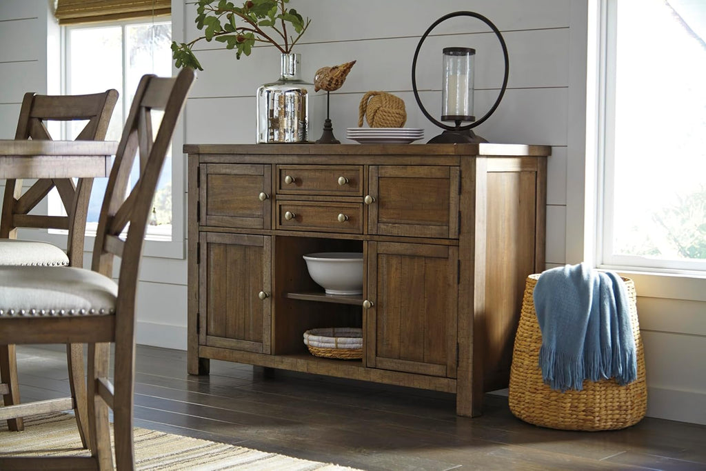 Signature Design by Ashley Moriville Dining Server, Rustic Sideboard Buffet Cabinet, 56" W, Grayish Brown, Storage for Kitchen & Dining Room