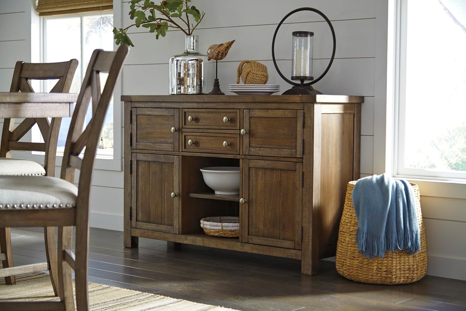 Signature Design by Ashley Moriville Dining Server, Rustic Sideboard Buffet Cabinet, 56" W, Grayish Brown, Storage for Kitchen & Dining Room