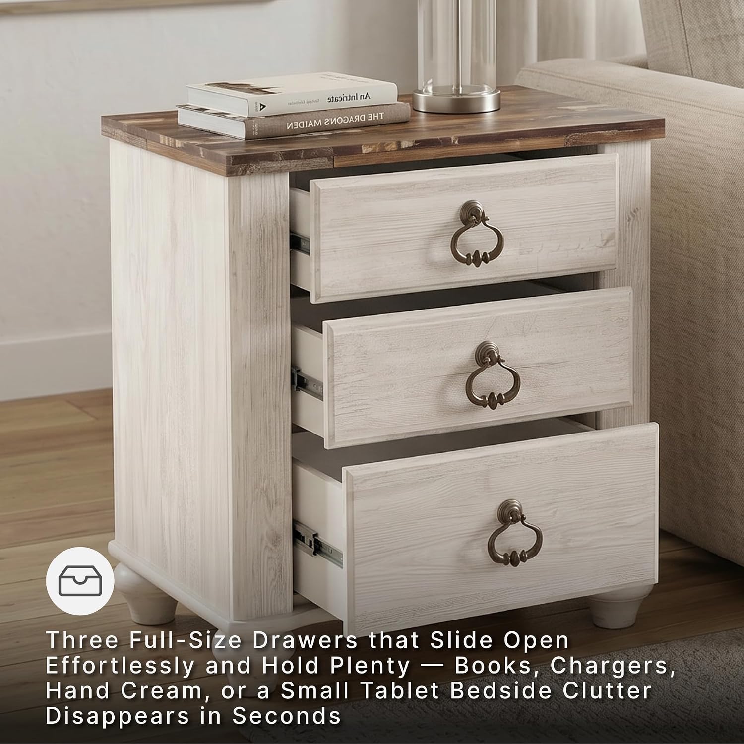 Signature Design by Ashley Willowton Farmhouse 2 Drawer Nightstand with USB Charging Ports, 25.67" Tall, Whitewash