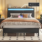 Fluest Queen Bed Frame with Headboard & Footboard, Bed Frame with Built-in Charging Station & LED Light, Storage Shelf, Noise-Free, No Box Spring Needed, Easy Assembly, Classic Black